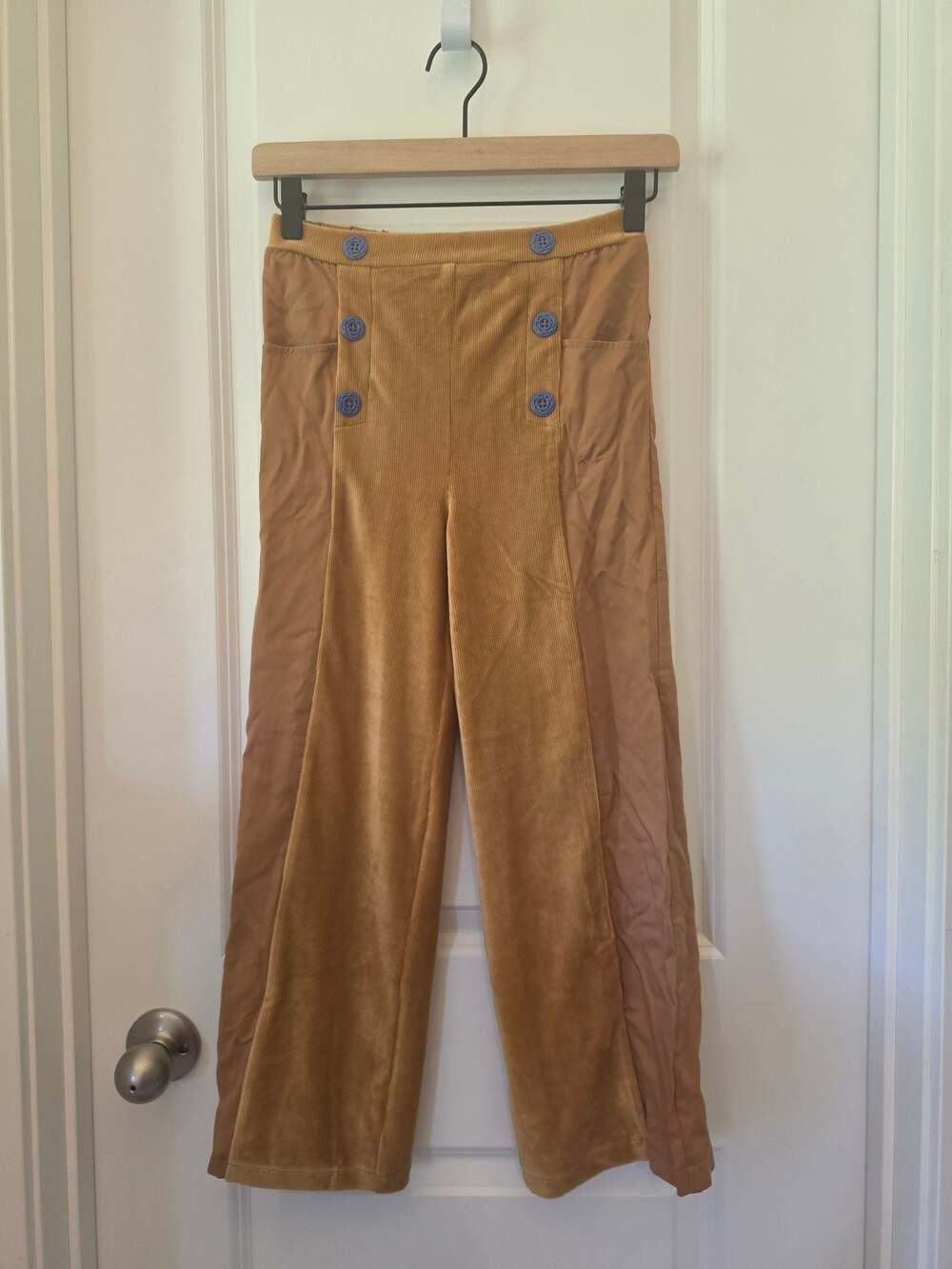 Finding Foxtale Girls Corduroy Wide Leg Pants Tan Blue Button Size 8